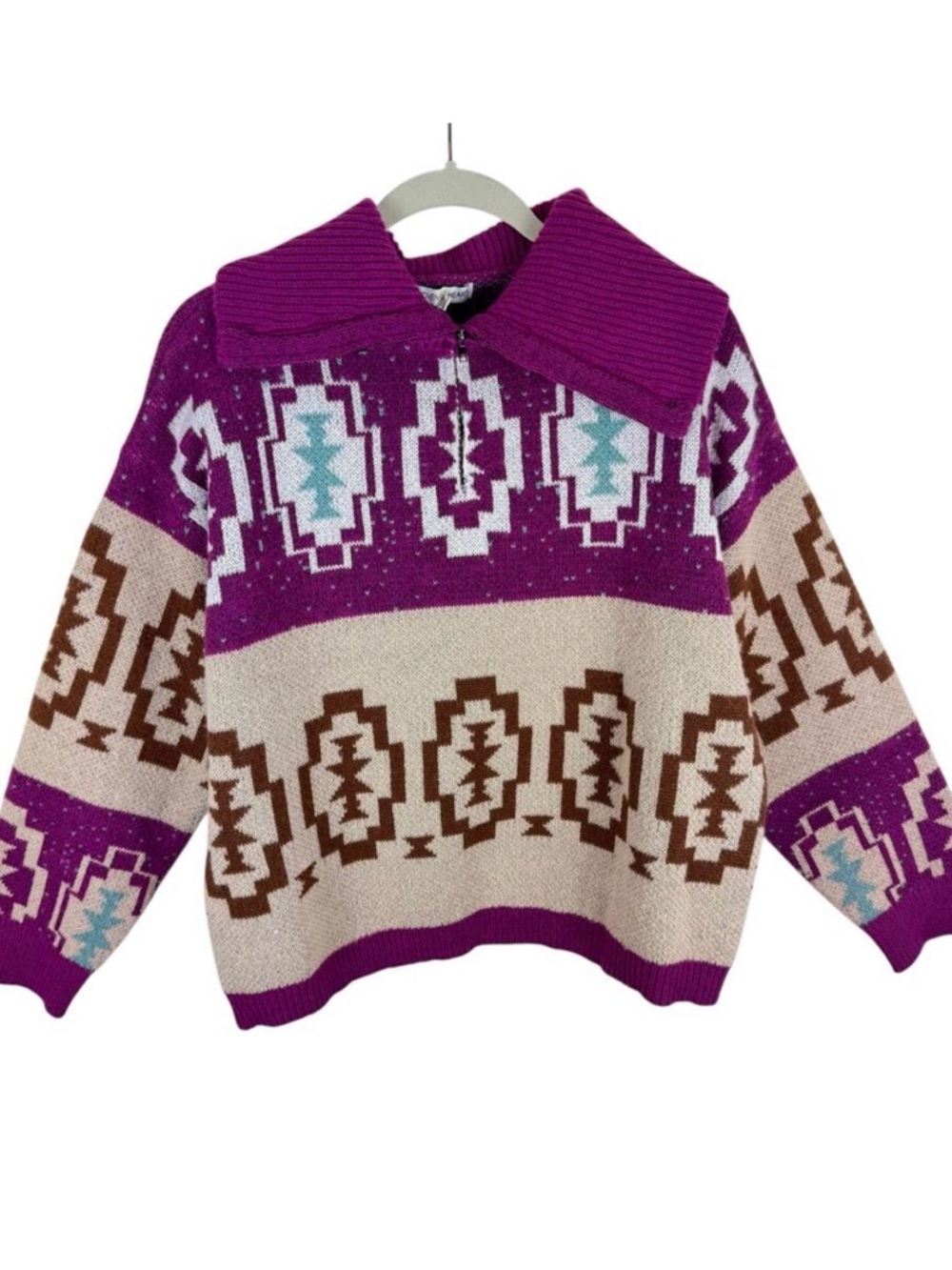 Woven Heart Pink Aztec Western Patterned Collared 1/4 Zip Pullover Sweater Sz L
